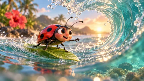 One breathtakingly charming original 3D animated-movie frame, landscape 16:9. A tiny confident ladybug with a round glossy scarlet spotted shell, a friendly expressive face, two delicate antennae and six clearly organized insect legs surfs on one small green leaf through a perfectly curling turquoise splash in a tropical tide pool. Two front legs stretched for balance, four lower legs firmly gripping the leaf, huge joyful determination in the face. Low macro water-level camera, the ladybug and leaf large and clear at center-left, translucent wave forming a luminous arch on the right. A distant hibiscus flower and warm sandy shore become creamy bokeh, sunrise glitters in tiny droplets. Exquisite feature-animation material quality, convincing water, appealing simple design, no extra legs, no human limbs, no text, no logos.