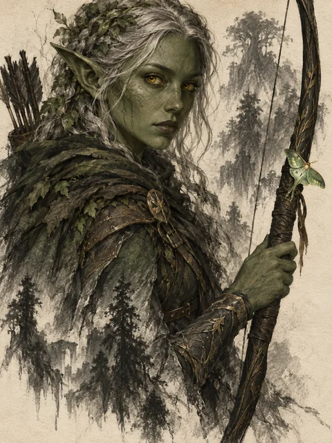 An arresting original fantasy ranger portrait, vertical 3:4, charcoal, ink and subtle watercolor on warm ivory paper. Adult female forest elf with deep moss-green skin, pale silver hair woven with tiny leaves, long elegant pointed ears and alert amber eyes. Half-body three-quarter view; one hand rests naturally on a weathered dark longbow held diagonally outside her face. Her practical layered leather cloak dissolves into expressive charcoal strokes and loose silhouettes of ancient trees at the bottom. The face and one richly rendered hand are exquisitely precise; the surrounding edges stay raw, spacious and gestural. A small luminous emerald moth rests on the bow near her hand. Confident sophisticated draftsmanship, haunting direct gaze, restrained green-black and antique gold, tactile paper grain, no text, no decorative border, no logos.