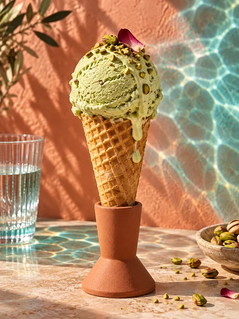 A spectacular premium food-editorial photograph, vertical 3:4. One impeccably formed scoop of pale pistachio gelato balances on a crisp golden waffle cone held upright in a minimal matte-terracotta cone stand. A thin ribbon of melted pistachio curls naturally down one side, tiny chopped pistachios and a single edible rose petal add exquisite texture. Behind it, strong Mediterranean afternoon sunlight passes through a fluted glass of water and paints large shimmering turquoise caustics across a warm coral plaster wall. Bold sculptural close-up with generous clean space, tactile creamy ice crystals and waffle detail, extraordinary complementary colors, elegant real food photography, restrained composition, no levitating ingredients, hands, words, branding or logos.