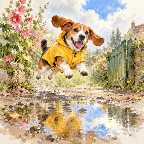 An irresistible masterful watercolor picture-book illustration, square. A joyful tricolor beagle in a bright saffron-yellow raincoat leaps over one small puddle on a quiet garden path, ears flying, eyes bright and mouth in an unmistakably happy natural dog expression. All four little paws visible, one clear graceful airborne gesture. In the puddle below is a soft shimmering reflection of the yellow coat and a blue sky just breaking through clouds. Loose rain-washed hollyhocks and a weathered green garden gate fall away into creamy paper space. Real transparent watercolor blooms, granulating pigments, lively pencil accents, wonderfully observed dog anatomy, luminous light and restrained splashes, not digital plastic. Warm, funny and emotionally immediate. No text, logos or human hands.