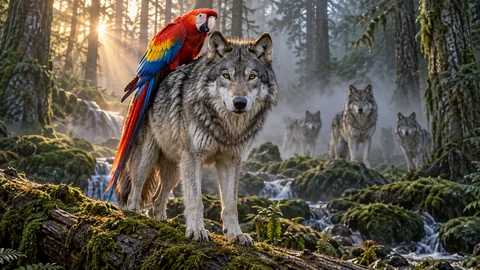 An astonishing original cinematic wildlife fantasy photograph, wide 16:9. One brilliant scarlet macaw with cobalt and golden wing feathers perches lightly across the broad shoulders of a majestic gray wolf standing on a mossy fallen log. The wolf looks calmly toward the viewer; the macaw leans forward with alert intelligent curiosity, both faces exceptionally clear and natural. Three more gray wolves stand farther back in a misty old forest, distinct soft silhouettes. A shaft of sunrise lights the red feathers like a jewel against deep emerald moss and slate fog. Convincing wolf anatomy, delicate bird claws resting plausibly on fur, richly detailed fur and feathers, quiet trust and extraordinary visual contrast. No aggression, no collars, no people, no text or logos.