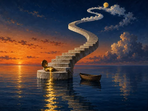 An extraordinary original surrealist oil painting, landscape 4:3. A monumental pale-stone spiral staircase rises out of an utterly still cobalt sea and gradually becomes a ribbon of white cloud near a small golden moon. At the bottom step, a single antique pocket watch lies open; a thin stream of liquid gold flows from its face and becomes a luminous reflection across the water. No numbers or readable markings. One tiny empty wooden boat supplies scale, tied to the staircase. Vast spacious sky shifts from burnt apricot at the horizon to midnight blue above; precise impossible architecture, convincing stone, exquisite brushed oil texture, old-master chiaroscuro and modern graphic clarity. Quiet, haunting, museum-quality composition, no people, signatures, text, logos or copies of known paintings.