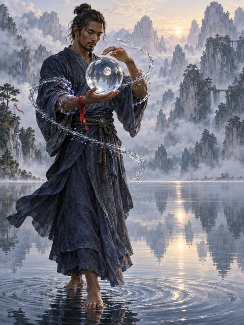 One breathtaking original fantasy character illustration, portrait 3:4. An adult male monk with warm brown skin, dark tied-back hair and simple flowing indigo robes stands barefoot on the surface of a still mountain lake. He holds one perfectly spherical globe of transparent water between open hands, and inside that globe a tiny silver moon is reflected. A thin spiral of water curves from the lake around his forearms, elegant and controlled. His calm intensely focused face is large enough to read. Immense pale limestone peaks dissolve into dawn mist; one small red prayer ribbon on his wrist supplies the sole warm accent. Painterly mythic RPG concept art with exquisite brush texture, natural hands, luminous edges and deep cinematic space. Clear powerful silhouette, extraordinary serenity, no readable writing, no logos, no franchise likeness.