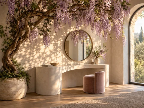 A breathtaking but believable architectural editorial photograph, landscape 4:3. A serene small room designed around one sculptural indoor wisteria installation growing from a low pale-stone planter in the left corner, its elegant trunk curving overhead and cascading blush-lilac flowers across the ceiling above a curved ivory vanity. One simple round mirror, a blush upholstered stool, pale oak floor, soft limewash walls and one tall arched window. Late afternoon sunlight passes through the flowers and casts intricate violet and gold shadows over the wall and vanity. A small ceramic bowl and single closed book keep the room lived-in but uncluttered. Exquisite natural materials, realistic scale, credible interior design, high-end photography with luminous airy depth, no people, no writing or logos.