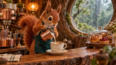 A tiny red squirrel in a teal apron pours milk from a copper pitcher into a ceramic espresso cup in a coffee bar inside a hollow oak. Rain beads on a round forest window; warm lamps illuminate walnut, brass and miniature pastries. Handcrafted stop-motion texture, expressive eyes and cozy cinematic light.
