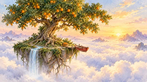 An enormous orange tree grows on a tiny floating island above a sea of clouds. Twisting roots trail into mist, a waterfall spills from the island, and an empty red rowboat waits at a wooden landing beside a basket of oranges. Luminous watercolor and gouache, emerald foliage, tangerine fruit and golden dawn.