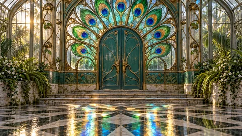 A majestic teal Art Nouveau double door sits beneath a radial fan of peacock-feather stained glass in emerald, lapis and amber. Warm brass vines, jasmine and ferns frame marble stairs. Afternoon sunlight paints jewel-colored reflections across wet stone. Symmetrical architectural photography and exquisite tactile craftsmanship.