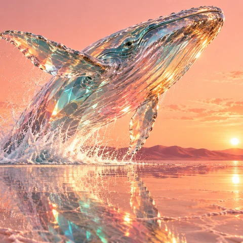 A colossal translucent crystal whale breaches a mirror-bright salt lake among rose-colored desert dunes. Its clear sculptural body refracts turquoise, amber and coral sunlight; a tiny empty sailboat conveys scale. Low water-level view, clean diagonal silhouette, luminous fantasy realism and crisp prismatic reflections.