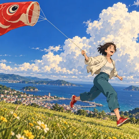 A joyful adult woman with short dark hair, an ivory jacket, teal trousers and red shoes runs across a flower-covered coastal hill, flying an enormous red carp-shaped fabric kite. Hand-drawn anime linework, expressive cel shading, towering summer clouds and a sparkling seaside town far below.