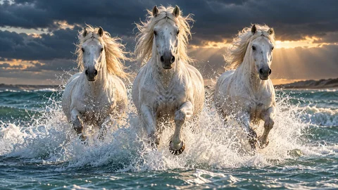 Three magnificent white horses gallop through turquoise ocean surf toward the viewer, silver manes flying and hooves throwing arcs of sparkling water. Dark storm clouds and a shaft of warm sunlight frame their powerful expressions. Low telephoto wildlife photography with crisp droplets and natural anatomy.