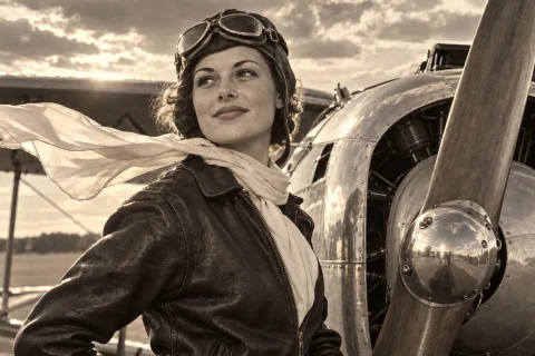 A confident adult woman aviator in a leather flight jacket stands beside a polished aluminum propeller plane. Goggles above her eyes, a cream silk scarf lifting in the breeze and a warm half-smile. A 1930s-style portrait in subtle sepia with low sunlight, dramatic clouds, natural grain and crisp leather and metal textures.