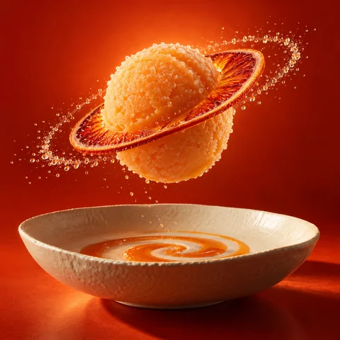 A pale-orange sorbet scoop levitates above an ivory ceramic dish, circled by a thin blood-orange slice like the rings of Saturn. Sparkling citrus droplets and a neat syrup spiral echo the shape. Surreal luxury dessert photography on a saturated persimmon background, with delicious crystalline texture and clean editorial lighting.