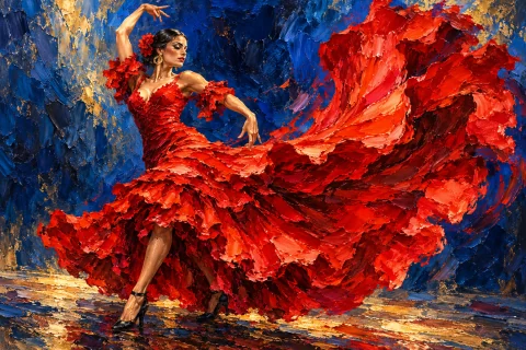 An adult flamenco dancer turns in a magnificent crimson dress that sweeps across the frame in a dramatic arc. Thick sculptural impasto oil paint and expressive palette-knife strokes, vermilion and coral against deep cobalt blue, golden light on her face and shoulder. Graceful anatomy, a powerful silhouette and tangible paint texture.