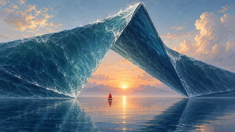 An immense cobalt ocean folds into a monumental origami wave, its precise translucent planes framing a peach sunrise. One tiny red sailboat passes beneath the triangular opening, reflected in still water. Surreal fine art with classical oil-painting texture, architectural geometry and sublime scale.