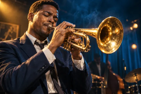 An adult jazz trumpeter in a midnight-blue suit plays with eyes closed on an intimate 1950s-style club stage. Honey-gold light makes the brass trumpet glow against a deep peacock-blue background with soft haze and warm bokeh. Close cinematic photography, natural skin texture, expressive hands and polished brass reflections.