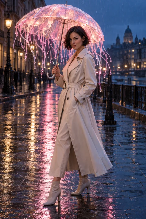 A stylish adult woman in an ivory trench coat holds a transparent umbrella shaped like a luminous pink jellyfish on a rain-soaked blue-hour street. Delicate glowing tendrils frame her expressive face and reflect in the pavement. Photographic fashion fantasy with natural skin, tailored fabric and delicate rain reflections.
