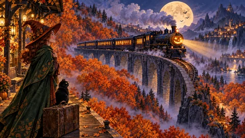A midnight-blue steam train with a glowing pumpkin lantern crosses a high stone viaduct through copper-orange autumn forest. An adult witch in a green cloak waits with her black cat at a tiny station. A huge moon, violet mist and distant castles complete a luminous hand-painted Halloween storybook scene.