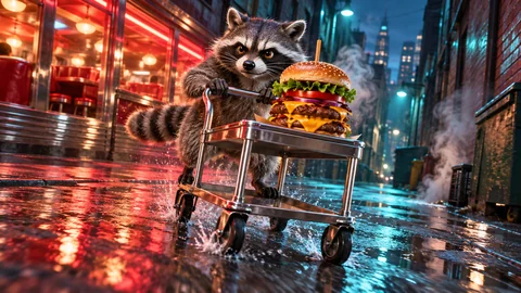 A determined raccoon rides a tiny chrome serving cart through a neon-lit rainy alley, guarding one enormous cheeseburger secured on the top shelf. A wheel splashes through a puddle as its striped tail streams behind. Charming 3D animated-film styling, expressive eyes, tactile fur and vivid red-teal cinematic light.
