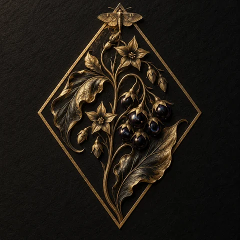 A diamond-shaped nightshade emblem sculpted in gold leaf on charcoal-black handmade paper. Elegant curled leaves, star-shaped blossoms and glossy indigo-black berries form one flowing composition, with a delicate moth at the upper vertex. Deep botanical bas-relief, refined engraved details and warm raking light.