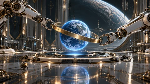 Inside a cathedral-scale orbital workshop, two white ceramic and brass robotic arms carefully position a golden ring around a levitating miniature blue planet. A tiny service drone watches. A huge planetary crescent fills the window beyond. Precise science-fiction concept art with photographic materials, teal shadows and polished reflections.