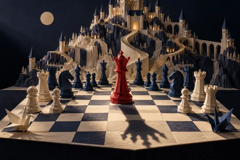 An ivory and indigo paper chessboard unfolds into an intricate mountain castle of folded pages, spiral stairs and glowing arched windows. A single scarlet paper queen commands the center and casts a long crown-shaped shadow. Two origami cranes frame the scene. Exquisite practical papercraft photography and dramatic side light.