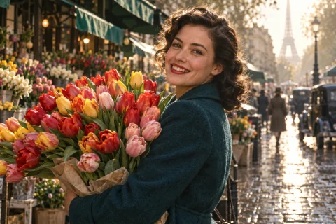 A beautiful adult woman in a deep teal wool coat carries an overflowing armful of scarlet, coral and yellow tulips through a 1940s-style Paris flower market after rain. A spontaneous radiant smile, softly waved hair, emerald awnings and sunlit wet cobblestones. Cinematic vintage-style color photography with natural skin and luminous afternoon light.