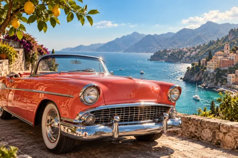 A coral-red 1950s convertible gleams on a sunlit Mediterranean overlook above a turquoise bay, pastel coastal buildings and distant blue mountains. Chrome reflections, a lemon branch overhead and warm afternoon light. Elegant vintage-style travel photography with rich natural color and a low three-quarter view.