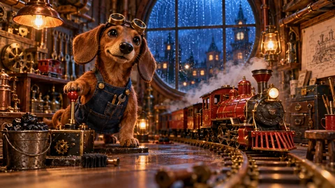 An expressive dachshund in brass goggles and a cobalt apron operates a red lever in an intricate miniature toy-train workshop. A cherry-red locomotive curves toward the foreground. Walnut, copper gears, glowing tungsten lamps and a rainy blue window. Handcrafted stop-motion charm with tactile fur and warm cinematic light.