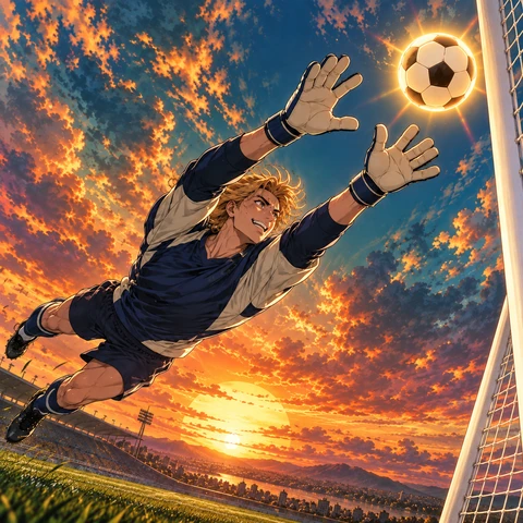 An adult golden-haired goalkeeper in a navy and ivory kit dives toward a glowing soccer ball beside the upper corner of a goal. Both gloved hands reach for the ball, with the full athletic pose visible. Precise hand-drawn anime linework, confident cel shading, tangerine sunset clouds and electric teal shadows.