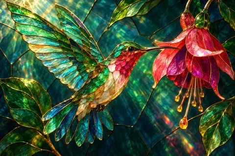 An emerald and turquoise hummingbird hovers beside a luminous fuchsia flower, both crafted entirely from stained glass with fine golden leading. Rippled glass, ruby accents, jewel-colored caustics and warm sunlight against deep midnight teal. Exquisite dimensional craftsmanship and a bold diagonal silhouette.