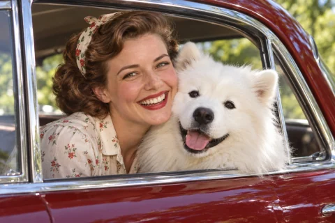 A laughing adult woman with softly waved chestnut hair cuddles a happy fluffy white Samoyed through the open window of a cherry-red 1950s car. A patterned hair scarf, curved chrome window frame and buttery-green summer bokeh. Warm vintage-style color photography with expressive faces, natural skin and detailed luminous white fur.