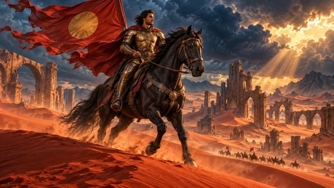 A handsome adult warrior in bronze armor rides a black horse across a coral-red desert dune, an enormous vermilion sun banner streaming behind him. Monumental ruined arches, indigo storm clouds and blazing amber sunbeams. Painterly cinematic fantasy with tactile metal, windblown sand and a powerful full-body silhouette.