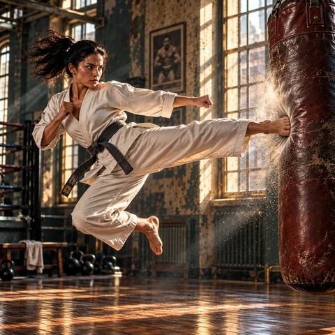 An athletic adult woman in an ivory martial arts uniform delivers a powerful airborne side kick into an oxblood leather heavy bag. Her heel visibly makes contact as golden chalk dust bursts into a sunbeam. Authentic sports photography in an old gym with teal shadows, warm wood and crisp natural anatomy.