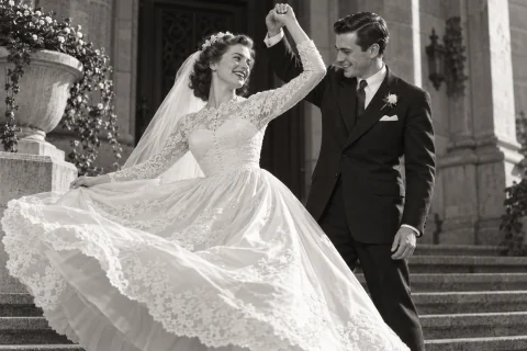A joyful adult newlywed couple in 1950s attire laugh as the groom twirls the bride on elegant stone steps. Her luminous silk and lace skirt sweeps across the foreground while afternoon sunlight catches their faces. Black-and-white silver-gelatin-style photography with deep blacks, delicate lace texture and spontaneous warmth.