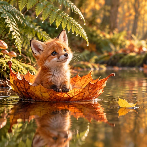 Original exquisite cozy 3D storybook miniature, widescreen. ONE tiny russet fox cub with charming expressive face and soft realistic fur sits upright in a broad curled amber maple leaf floating like a little boat on a still woodland puddle. It is a natural four-legged fox, not a human child; two small front paws rest inside the leaf. One small bright yellow fallen leaf floats just ahead. Close water-level framing, entire leaf boat and fox visible, ample open water to the right for a short glide. Giant fern fronds and cinnamon mushrooms on the bank, crisp reflection, tiny dew beads, warm slanting autumn sunlight through a softly blurred forest. Tender whimsical wonder with a clean silhouette and no clutter.