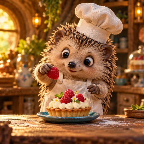 Original exquisite handcrafted stop-motion miniature film still. ONE charming tiny hedgehog pastry chef in a white apron and small flour-dusted chef hat stands behind a walnut counter inside an amber-lit patisserie built in a hollow tree. It holds ONE ripe raspberry in its right front paw just above a beautiful cream tart resting securely on a tiny blue plate. Both paws, berry, tart and its wide expressive eyes are clearly visible. Tactile soft quills, miniature copper cookware blurred behind, butter-yellow window light, raspberry-red and teal accents, delightful precise scale, cinematic close medium framing with breathing room above the berry. Poised before a funny accident.