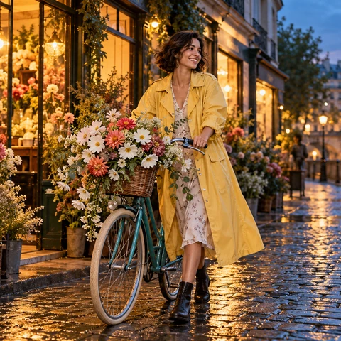 Original lavish yet natural fashion-editorial photograph, widescreen. ONE attractive adult woman aged 27 with a short wavy dark bob and joyful candid smile wears a long butter-yellow raincoat and sensible dark boots, standing beside a vintage teal bicycle outside a tiny Parisian flower shop at blue hour. A dramatically overflowing bouquet of white cosmos and coral dahlias fills the FRONT basket, each stem botanically credible. Rain has just stopped; warm window light reflects across blue cobblestones. Full figure, face and bicycle center-weighted, cinematic layered depth, rich natural fabric and petal detail, one beautiful spontaneous moment rather than a stiff pose. Shop signs blank, no lettering, no brands, no other people.