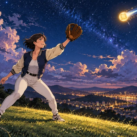 Original hand-drawn anime feature-film keyframe with refined confident linework, expressive cel shading and a sumptuous painted night sky. ONE attractive clearly adult woman aged 26, athletic, short dark bob, wears a navy baseball jacket with cream sleeves and white trousers. At a hilltop baseball field she stands in a balanced catching stance in the LOWER LEFT, looking up with fierce delight. Her LEFT hand wears one large brown leather baseball glove, held open above shoulder height; right hand relaxed below. A SINGLE small glowing golden meteor like a baseball hangs in the upper right, with a short blue-white trail; unobstructed diagonal path to the glove. Entire adult body and glove visible. Distant amber city, cobalt sky, giant lavender clouds, grass brightened by meteor light. Dynamic readable anticipation, no writing on clothing.