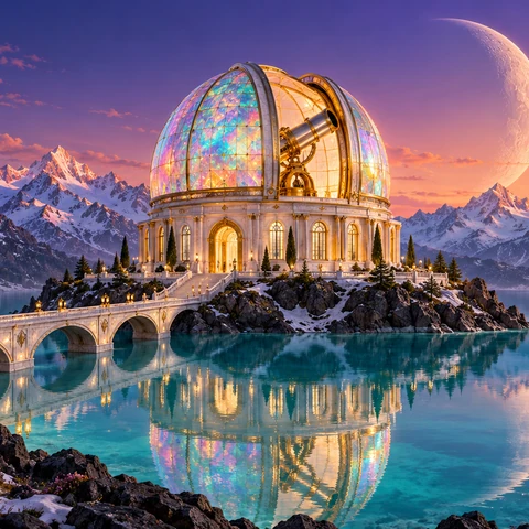 Original breathtaking prismatic architectural fantasy artwork. A circular ivory observatory with ONE immense luminous opal telescope dome sits on a narrow island of dark basalt in a perfectly still turquoise alpine lake. The dome is translucent rainbow glass with clean precise ribs, opening toward a huge pale crescent moon over snowy mountain peaks. A slim elegant footbridge leads from the near shore to the single building. Dusk gradient from violet to apricot, perfectly legible reflection, restrained gold accents, fine mineral textures, enormous sense of silence and wonder. Low centered architectural view, clear focal hierarchy, no people, no extra domes.