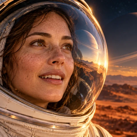 Original extraordinary close photographic cinematic portrait of ONE attractive adult woman astronaut aged 29, three-quarter face, genuine delighted awe, clear warm brown eyes, natural skin texture and a few freckles. A clean curved transparent helmet visor reflects ONE magnificent ringed planet low over copper desert dunes; reflection must preserve her readable eyes. Ivory suit collar with fine tactile stitching, no lettering or flags. Late sunlight forms a gold rim on helmet and cheek against deep indigo space and warm soft-focus dunes. Sophisticated high-end editorial photography, believable optical reflection and scale, intimate human presence, no beauty-filter skin, no extra faces.