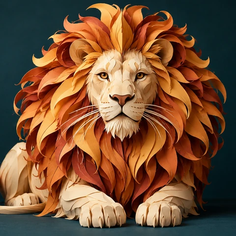 Original astonishing physical paper-sculpture photograph. ONE regal lion made entirely from layered hand-cut warm ivory paper sits centered against a deep midnight-teal seamless backdrop. Its enormous circular mane unfolds in intricately curled saffron, terracotta and copper paper petals, radiating like a sculptural sun. Anatomically coherent feline face and two front paws, gently dignified gaze, exquisitely cut paper whiskers and subtle visible fiber edges. Low gallery-museum light casts rhythmic delicate shadows between layers. Bold simple silhouette reads immediately at small size; exquisite material detail rewards close inspection. Symmetrical but alive, sophisticated editorial art direction, generous negative space.