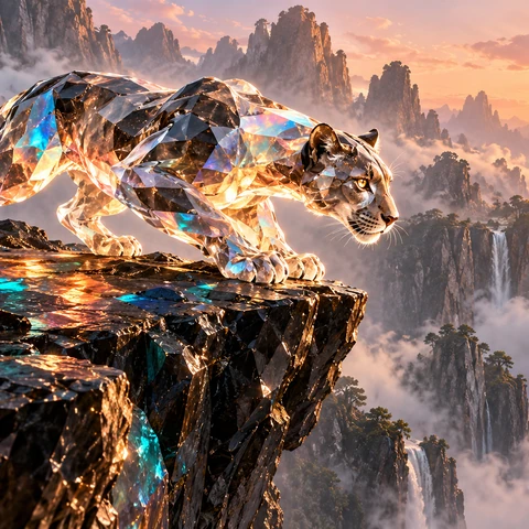 Original luminous prismatic fantasy realism. ONE magnificent panther sculpted from translucent faceted opal and smoky quartz crouches on a dark obsidian ledge at the LEFT, facing right toward a second ledge across a narrow ravine. Four coherent paws, elegant feline anatomy, muscular shoulders, sleek powerful silhouette. Low three-quarter view shows its alert face and entire body, both ledges and open gap. Amber sunlight splits through its crystal body into electric cyan and coral caustics on dark stone. Monumental misty canyon and pale peach sky, restrained setting, immediate jewel-like thumbnail impact. Capture tense anticipation before the leap.