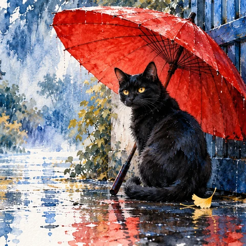 Original masterful ink-and-watercolor painting on warm textured cotton paper. ONE graceful black cat sits beneath a large scarlet umbrella leaning securely against an old blue garden gate. Side view with cat turning its bright amber eyes toward us, tail curled naturally around paws. Loose cobalt and indigo rain washes dissolve into generous white paper; carefully controlled splashes create wet pavement reflections. A single small yellow ginkgo leaf rests beside the cat. Expressive economical brushwork, sumptuous granulation, crisp face and umbrella silhouette against lyrical soft edges, sophisticated editorial illustration, quiet charm and striking red-black-blue composition, no lettering.
