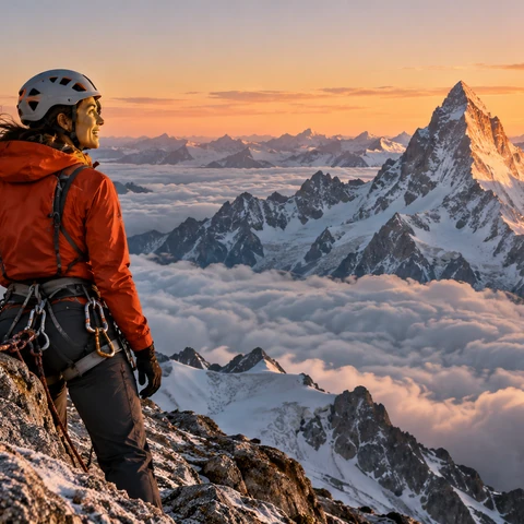 Original photographic adventure-film still, 16:9. ONE attractive clearly adult female climber aged 28 wearing a vivid burnt-orange technical jacket, charcoal trousers, secure climbing harness and helmet stands in three-quarter back view on the LEFT side of a broad safe granite summit ledge. Her face is visible in profile, joyful and awestruck. One hand rests on the rock, the other lowered. A massive sea of soft white clouds opens before her, with a single breathtaking needle-shaped snowy peak catching the first coral sunrise at center right. A secured rope lies naturally beside her harness. Long-lens compression, real fabric and skin, windblown hair, frost textures, immense scale, sophisticated warm-cool color, truthful editorial photography. No other people.