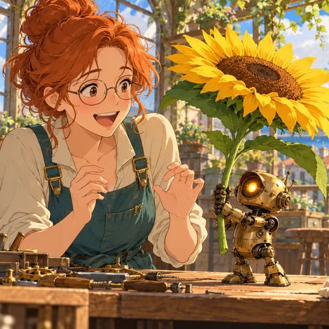 Original charming hand-drawn anime feature-film still. ONE attractive clearly adult woman inventor aged 25 with copper hair tied in a practical bun and round glasses sits at a sunlit wooden workbench. She wears teal overalls over a cream shirt. Between her two clearly drawn hands stands ONE tiny friendly brass robot with a single glowing round eye, holding ONE enormous fresh sunflower like an umbrella. Her face shows surprised laughter at its gift. Hands, robot and sunflower are separated and readable. Airy rooftop greenhouse workshop, blue sky, soft green plants, warm hand-painted light, elegant linework and restrained cel shading, beautiful brass and wood texture. A warm and funny original scene, no text or franchise designs.