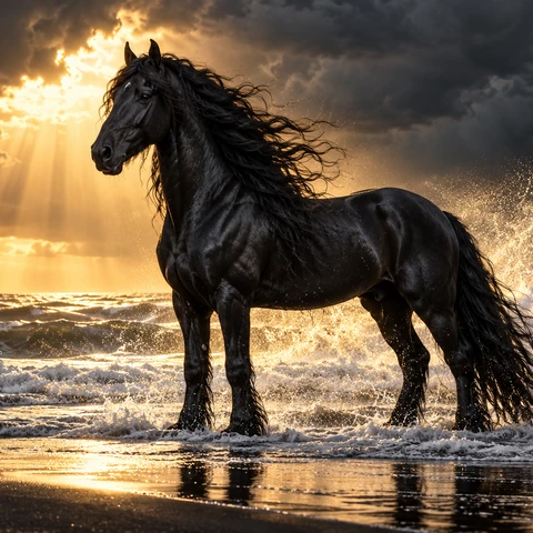 Original arresting fine-art wildlife photograph. ONE powerful black Friesian horse with long wind-tossed mane stands in shallow silver surf on a black sand beach, full body in clean profile facing left, head slightly toward camera, four anatomically correct legs. Behind it an enormous dark storm shelf parts to reveal a narrow blazing shaft of golden sunlight illuminating sea spray around its shoulders. The horse remains solid black with exquisite wet coat texture, against bright atmospheric spray. Low 85mm perspective, clean horizon, restrained monochrome with precious gold, convincing water contact and reflection, natural muscle and weight, no tack, people or extra animals.