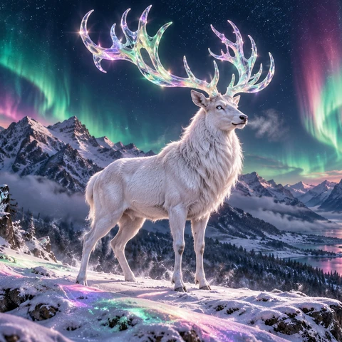 A majestic single white stag stands on a broad snowy ridge, full body and four coherent legs visible. Its enormous translucent opal antlers refract ribbons of emerald and rose aurora across the snow. Quiet indigo alpine night, fine breath frost, luminous eyes, a clean powerful silhouette. Low cinematic three-quarter view, exquisitely tactile fur and ice, restrained jewel color. Original prismatic fantasy realism.