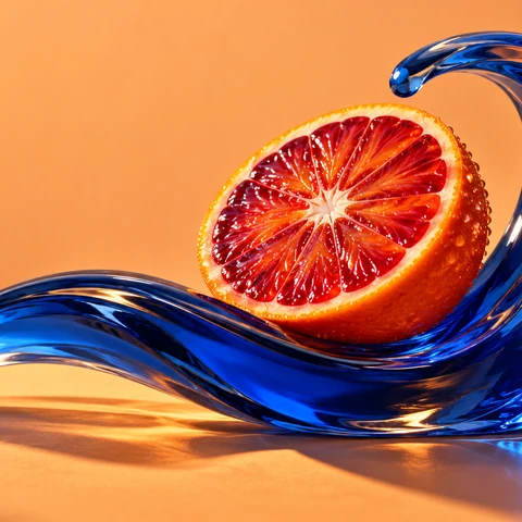 Original surreal high-end still-life studio photograph. One freshly cut blood-orange half rests like a rising sun on a single sweeping sculptural wave of glossy cobalt-blue glass. Translucent ruby citrus pulp is botanically convincing, tiny beads of water on the rind, the glass wave curls elegantly around but does not obscure the fruit. Warm apricot seamless backdrop, hard late-afternoon light, crisp expressive shadow, luxurious restrained materials, bold playful orange-blue composition, no labels or extra fruit.