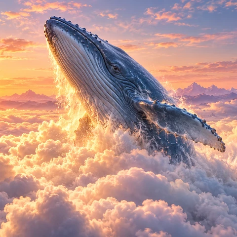 One magnificent humpback whale rises nose-first from an immense sea of billowing ivory clouds at coral sunrise. Full head, back and one pectoral fin are visible; the tail is still hidden beneath the cloud surface. Low wide aerial camera near the cloud surface, tremendous readable scale, distant lavender peaks, exquisite realistic whale skin, golden mist shedding from its body. Photoreal cinematic magical realism, one coherent whale, no people.