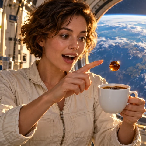 Original cinematic science-fiction photograph. One attractive clearly adult woman astronaut aged 29 with short wavy hair wears a plain cream flight jumpsuit in a beautifully lit compact orbital station. She looks with delighted surprise at ONE perfectly spherical floating amber coffee droplet suspended above an open white coffee cup held steadily in her left hand. Her right index finger is near but not touching the droplet. Face, two hands, cup and droplet clearly readable. Vast luminous Earth through one circular window behind, morning gold rim light, believable practical sets, natural skin and fabric. Medium framing, no helmet, no labels.
